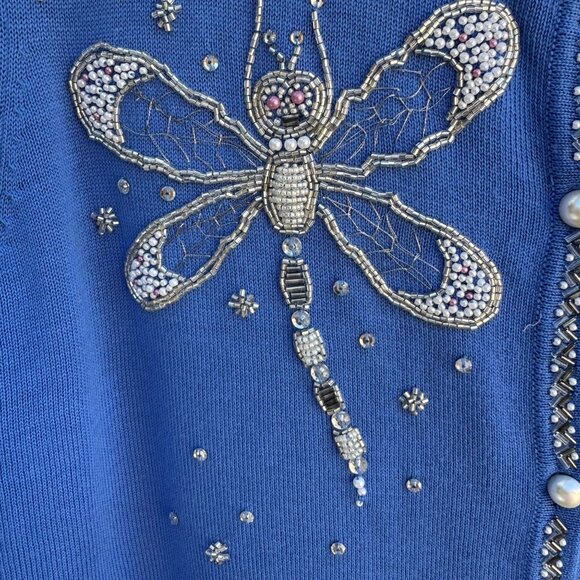 Bob Mackie Wearable Art Blue Beaded Dragonfly Design Knit Cardigan Sweater New S - Picture 5 of 8